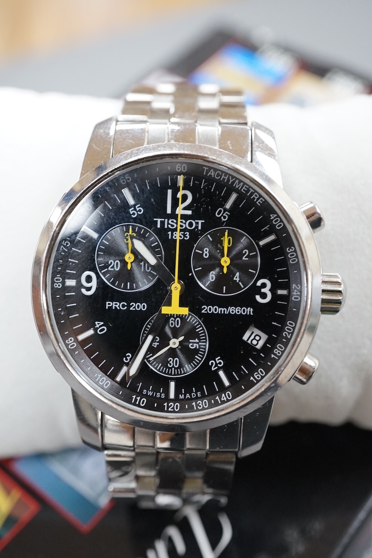 A gentleman's modern stainless steel Tissot PRC 200l chronograph quartz wrist watch, case diameter 40mm, with box and pamphlets.